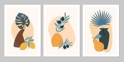 Hand drawn set abstract boho poster with tropical  leaf, color vase, fruits isolated on beige background. Vector flat illustration. Design for pattern, logo, posters, invitation, greeting card