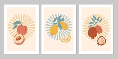Hand drawn set abstract boho poster with tropical fruit lemon,  peach, pomegranate isolated on beige. Vector flat illustration. Design for pattern, logo, posters, invitation, greeting card