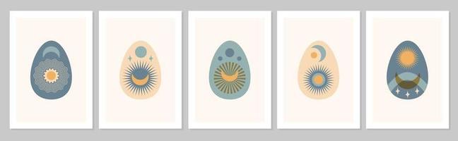 Hand drawn Easter set abstract boho posters eggs with moon, sun, star isolated on beige background. Vector flat illustration. Design for pattern, logo, invitation, greeting card