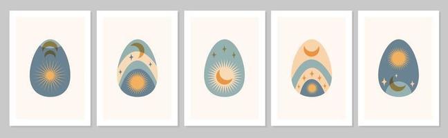 Hand drawn Happy Easter set abstract boho posters eggs with moon, sun, star isolated on beige background. Vector flat illustration. Design for pattern, logo, invitation, greeting card