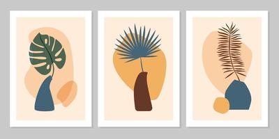 Hand drawn set abstract boho poster with tropical  leaf, color vase and shape isolated on beige background. Vector flat illustration. Design for pattern, logo, posters, invitation, greeting card