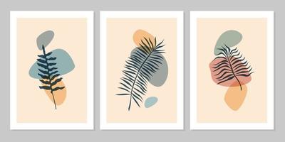 Hand drawn botanical wall art abstract set boho tropical leaf with color shape isolated on beige background. Vector flat illustration. Design for pattern, posters, invitation, greeting card