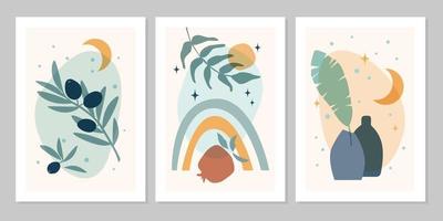 Hand drawn set abstract boho poster with rainbow, sun, moon, star, vase, plant, isolated on beige background. Vector flat illustration. Design for pattern, logo, posters, invitation, greeting card