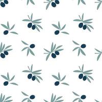 Seamless pattern of olive tree branches with green leaf and fruit olives isolated on white background. Vector flat illustration. Design for textile, wallpaper, wrapping, backdrop
