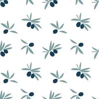 Seamless pattern of olive tree branches with green leaf and fruit olives isolated on white background. Vector flat illustration. Design for textile, wallpaper, wrapping, backdrop