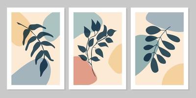 Hand drawn botanical wall art abstract set boho tropical leaf with color shape on beige background. Vector flat illustration. Floral  design for pattern, posters, invitation, greeting card