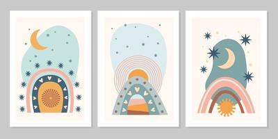 Hand drawn set abstract boho poster with rainbow, sun, moon, star, shape isolated on beige background. Vector flat illustration. Design for pattern, logo, posters, invitation, greeting card