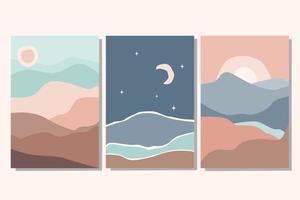 Set of abstract colorful landscape poster collection with sun, moon, star, sea, mountains, river. Vector flat illustration. Contemporary art print templates, backgrounds for social media.