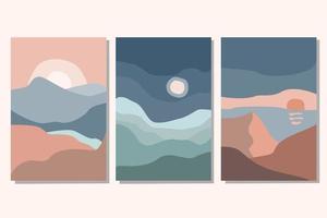 Conjunto de paisajes abstractos de fondos estéticos contemporáneos con amanecer, atardecer, noche. tonos tierra, colores pastel. vector ilustración plana. plantillas de impresión de arte contemporáneo, decoración de pared boho