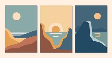 Abstract contemporary set of aesthetic backgrounds landscapes with sunrise, sunset, night. Earth tones, terra cotta colors. Vector flat illustration. Contemporary art print templates, boho wall decor
