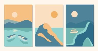 Abstract contemporary set of aesthetic backgrounds landscapes with sunrise, sunset, night, sea, boat with terra cotta colors.Vector flat illustration. Contemporary art print templates, boho wall decor vector