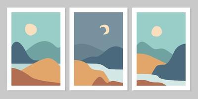 Set of aesthetic modern natural abstract landscape background with mountain, forest, sea, sky, sun and river. Minimalist boho poster cover template. Design for print, postcard, wallpaper, wall art. vector