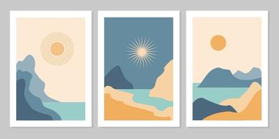 Set of aesthetic modern natural abstract landscape background with mountain, forest, sea, sky, sun and river. Minimalist boho poster cover template. Design for print, postcard, wallpaper, wall art. vector