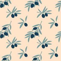 Seamless pattern of olive tree branches with green leaf and fruit olives isolated on beige background. Vector flat illustration. Design for textile, wallpaper, wrapping, backdrop