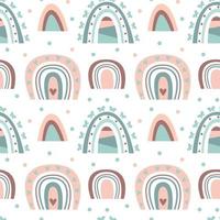Hand drawn  seamless pattern of  cute boho rainbows pastel color isolated on white background. Vector flat illustration. Design for baby textile, wallpaper, wrapping, backdrop