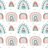 Hand drawn  seamless pattern of  cute boho rainbows pastel color isolated on white background. Vector flat illustration. Design for baby textile, wallpaper, wrapping, backdrop