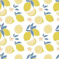 Seamless pattern of fresh fruit yellow lemon with green leaf, flower, slice in hand drawing style isolated on white background. Vector flat illustration.Design for textile, wallpaper, wrapping
