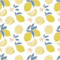 Seamless pattern of fresh fruit yellow lemon with green leaf, flower, slice in hand drawing style isolated on white background. Vector flat illustration.Design for textile, wallpaper, wrapping