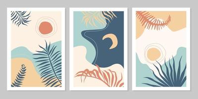 Set of abstract colorful landscape poster collection with sun, moon, leaves of plant. Vector flat illustration. Contemporary art print templates,  backgrounds for social media.