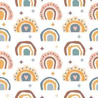 Hand drawn  seamless pattern of  cute boho rainbows pastel color isolated on white background. Vector flat illustration. Design for baby textile, wallpaper, wrapping, backdrop
