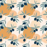 Seamless pattern of olive tree branches with green leaf and fruit olives isolated on colorful background. Vector flat illustration. Design for textile, wallpaper, wrapping, backdrop