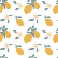 Seamless pattern of fresh fruit yellow lemon with green leaf, flower, slice in hand drawing style isolated on white background. Vector flat illustration.Design for textile, wallpaper, wrapping