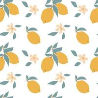 Seamless pattern of fresh fruit yellow lemon with green leaf, flower, slice in hand drawing style isolated on white background. Vector flat illustration.Design for textile, wallpaper, wrapping