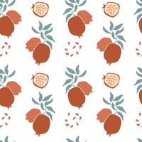 Seamless pattern of fresh fruit red pomegranate with green leaf, seed in hand drawing style isolated on white background. Vector flat illustration. Design for textile, wallpaper, wrapping, backdrop
