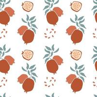 Seamless pattern of fresh fruit red pomegranate with green leaf, seed in hand drawing style isolated on white background. Vector flat illustration. Design for textile, wallpaper, wrapping, backdrop