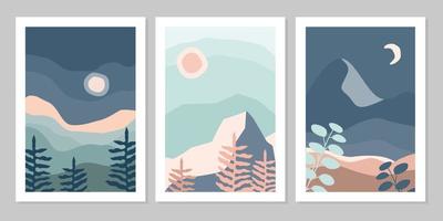 Set of abstract colorful landscape poster collection with sun, moon, star, sea, mountains, river, plant. Vector flat illustration. Contemporary art print templates,  backgrounds for social media.