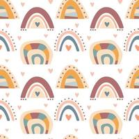 Hand drawn  seamless pattern of  cute boho rainbows pastel color isolated on white background. Vector flat illustration. Design for baby textile, wallpaper, wrapping, backdrop