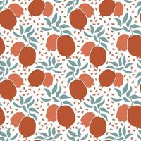 Seamless pattern of fresh fruit red pomegranate with green leaf, seed in hand drawing style isolated on white background. Vector flat illustration. Design for textile, wallpaper, wrapping, backdrop