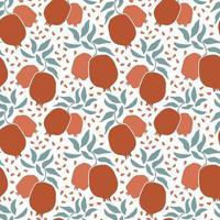 Seamless pattern of fresh fruit red pomegranate with green leaf, seed in hand drawing style isolated on white background. Vector flat illustration. Design for textile, wallpaper, wrapping, backdrop