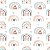 Hand drawn  seamless pattern of  cute boho rainbows pastel color isolated on white background. Vector flat illustration. Design for baby textile, wallpaper, wrapping, backdrop