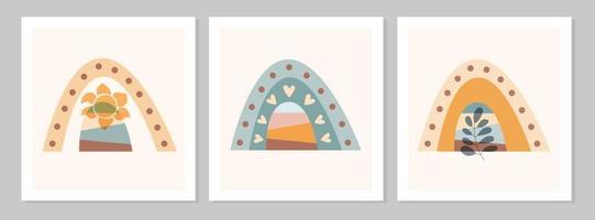 arco iris de boho conjunto abstracto con rama con hojas, sol, corazones aislados sobre fondo beige. vector ilustración plana. Imágenes prediseñadas de estilo escandinavo para impresiones modernas, tarjetas de felicitación, carteles, arte mural.