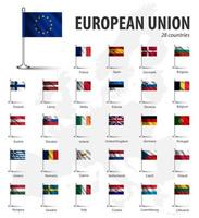 bandera realista de la unión europea y membresía con asta de bandera en el fondo del mapa de Europa. vector