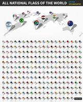 All official national flags of the world. GPS navigator location pin on perspective earth map in white background. vector