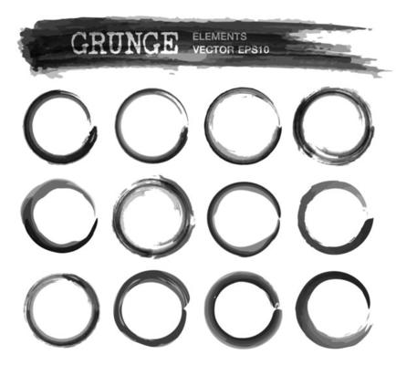 Set of grunge realistic black color ink watercolor painting circle frame design.