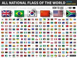 All official national flags of the world . Old stamp shape design with scratch and abrasion texture. vector