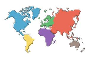 mapa del mundo con continente multicolor y diseño de línea de dibujos animados simple moderno. vector