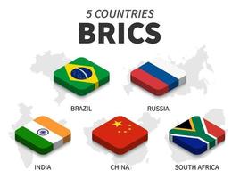 banderas de brics. asociación de 5 países y mapa sobre fondo blanco. diseño superior isométrico. vector