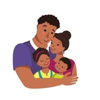 feliz familia afroamericana juntos. día internacional de la familia. avatar papá abraza a mamá e hijos. grupo de personas. padre, madre, hija e hijo