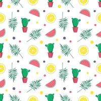 Cute bright seamless summer pattern with watermelons, lemon, cactus. Decorative elements for printing, textiles, wrapping paper and design vector