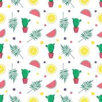 Cute bright seamless summer pattern with watermelons, lemon, cactus. Decorative elements for printing, textiles, wrapping paper and design vector