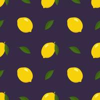 Seamless bright spring and summer pattern with lemon and slices on a dark background. A set of citrus fruits for a healthy lifestyle. Vector flat illustration of healthy food