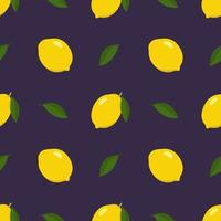 Seamless bright spring and summer pattern with lemon and slices on a dark background. A set of citrus fruits for a healthy lifestyle. Vector flat illustration of healthy food