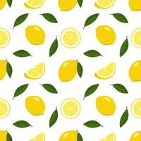 Seamless bright spring and summer pattern with lemon and slices on a white background. A set of citrus fruits for a healthy lifestyle. Vector flat illustration of healthy food