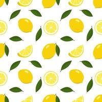 Seamless bright spring and summer pattern with lemon and slices on a white background. A set of citrus fruits for a healthy lifestyle. Vector flat illustration of healthy food