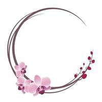 Delicate orchids blossom wreath or round frame with pink flowers. Spring blooming composition with buds and branches. Festive decorations for wedding, holiday, postcard, poster. vector
