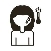 woman sick with fever and thermometer line style vector